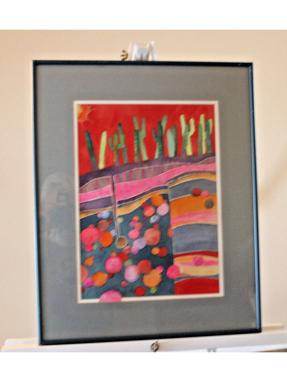 Orig Desert Landscape Abstract Painting Green Cacti Red Sky Signd '90 17x21 Fram